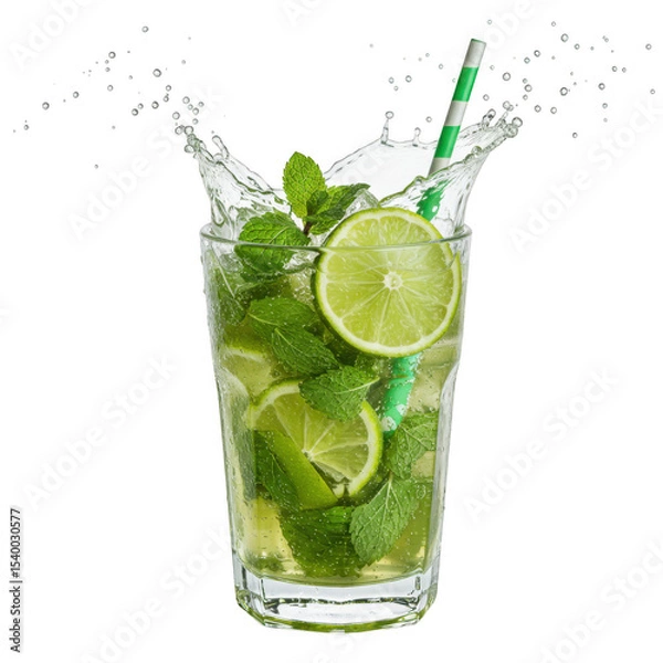 Obraz Refreshing mojito beverage with lime and mint summer cocktail drink on transparent background