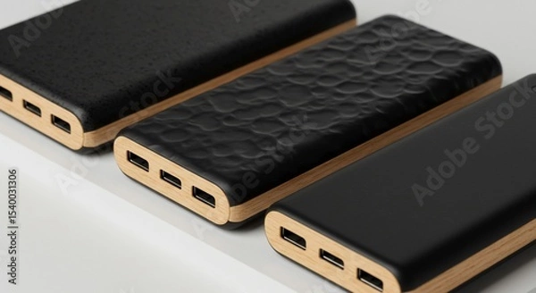 Fototapeta Three power banks with unique textured black surfaces and light wood trim on white