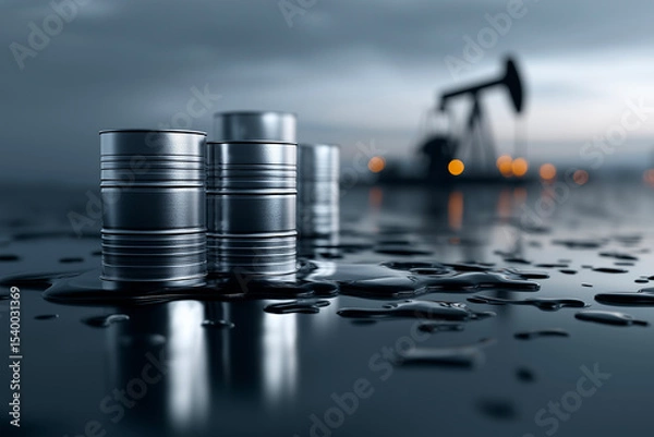 Fototapeta Metal oil barrels on wet surface with oil pump jack in background, industrial energy production and petroleum extraction at dusk, symbolizing global fuel and resource economy