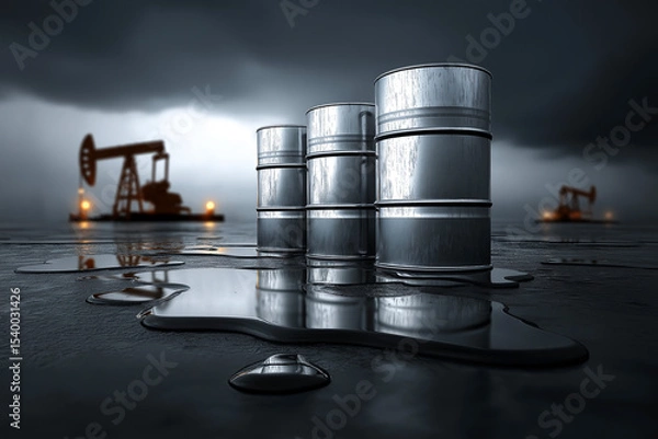 Fototapeta Steel oil barrels and spilled oil on wet ground at drilling site, dramatic cloudy sky and pumpjacks in background – energy industry, pollution and environmental impact concept.