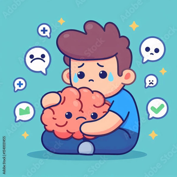 Fototapeta Flat vector illustration of person hugging cartoon brain with worried face — symbolic comfort for mental health

