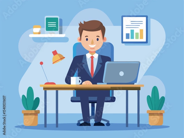 Obraz Smiling businessman working on laptop at desk in modern office isolated on white background