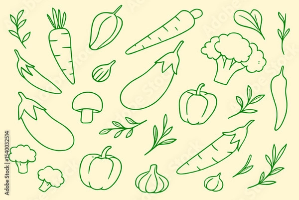 Obraz Hand Drawn Green Outline Vegetable and Herb Doodle Set