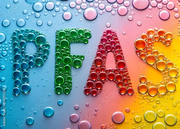 Obraz PFAS sign with Bubble: A striking visual representation of the chemical substances "PFAS" formed by bubbles, showcasing a creative perspective in color gradients.