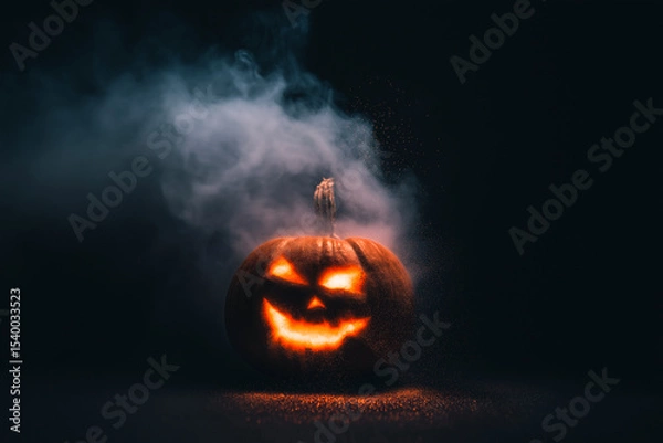 Fototapeta Spooky glowing jack-o’-lantern in dark smoky setting, eerie Halloween mood – perfect for horror, autumn, or festive concept
