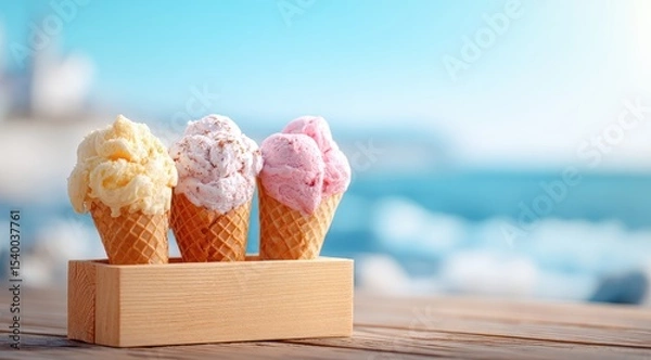 Fototapeta Three ice cream cones in pastel shades (vanilla, strawberry, and possibly cookies & cream) sit in a small wooden box on a rustic wooden surface, with a blurred ocean and sky background