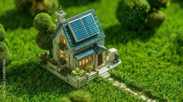 Obraz Charming Miniature Solar House Model with Lush Greenery and Warm Glow