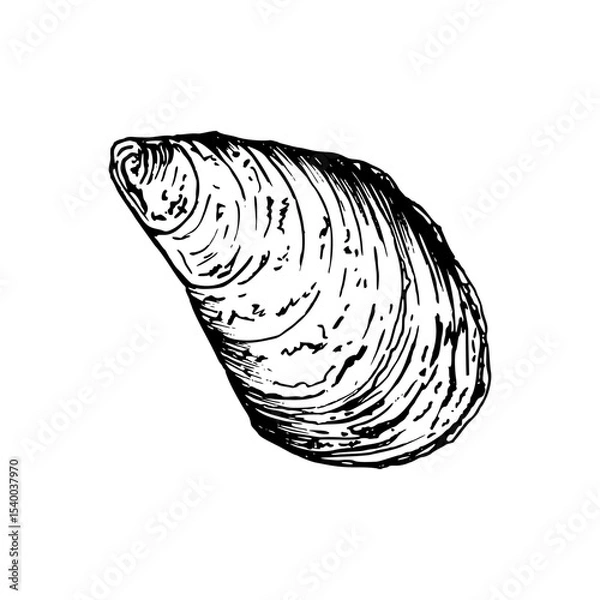 Fototapeta A detailed hand drawn seashell with natural texture and pattern. Black and white vector illustration isolated on white background. Sketch in line art style. Ideal for marine inspired designs.