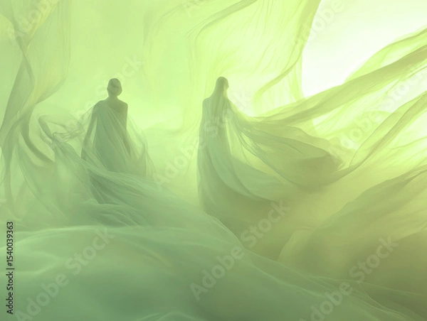 Obraz waving lines texture background illustration for web design banner. Abstract fluid waves of fog or smoke with soft glowing light. silhouette of couple against an abstract backdrop	