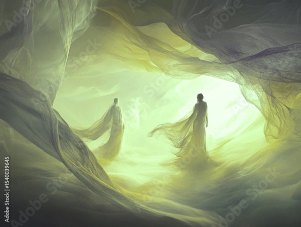 Obraz waving lines texture background illustration for web design banner. Abstract fluid waves of fog or smoke with soft glowing light. silhouette of couple against an abstract backdrop	