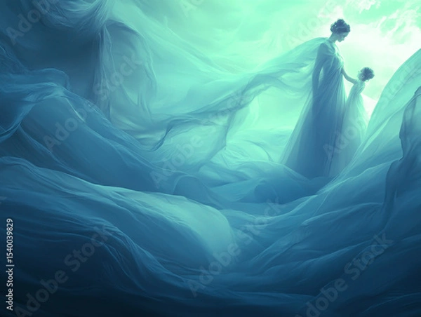 Obraz waving lines texture background illustration for web design banner. Abstract fluid waves of fog or smoke with soft glowing light. silhouette of woman and child against an abstract backdrop	