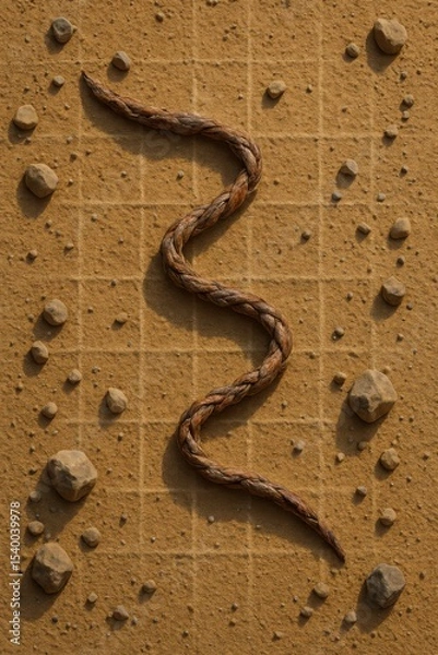 Obraz Twisted Plant Fiber Placed on Grid-Textured Clay Cloth with Scattered Stones


