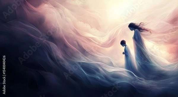 Obraz waving lines texture background illustration for web design banner. Abstract fluid waves of fog or smoke with soft glowing light. silhouette of woman and child against an abstract backdrop	