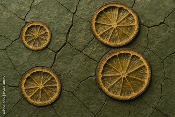 Obraz Charred Citrus Cross-Sections on Cracked Moss Surface in Fossil Wheel Pattern

