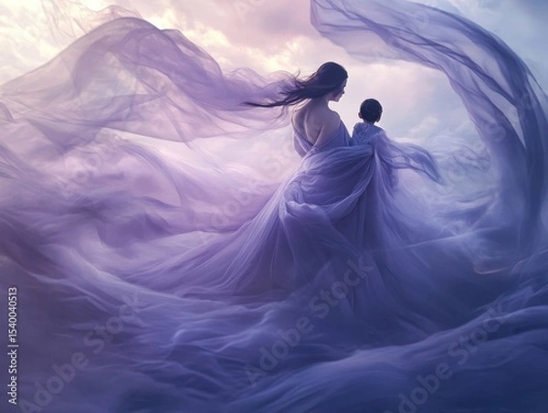 Obraz waving lines texture background illustration for web design banner. Abstract fluid waves of fog or smoke with soft glowing light. silhouette of woman and child against an abstract backdrop	