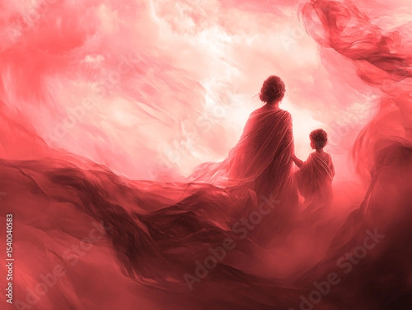Obraz waving lines texture background illustration for web design banner. Abstract fluid waves of fog or smoke with soft glowing light. silhouette of woman and child against an abstract backdrop	