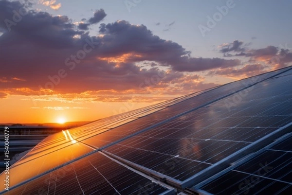 Obraz Close-Up of Solar Panels Reflecting Vivid Sunset Sky - Sustainable Power at Dusk