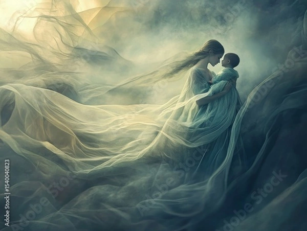 Obraz waving lines texture background illustration for web design banner. Abstract fluid waves of fog or smoke with soft glowing light. silhouette of woman and child against an abstract backdrop	