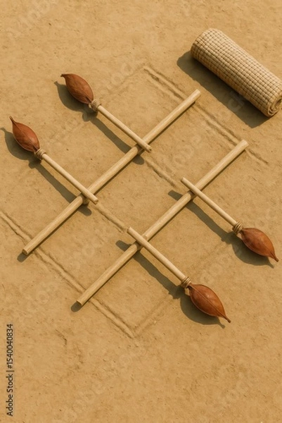 Obraz Stick-Balance Game Setup with Leaf-Pod Counterweights on Mud Tile