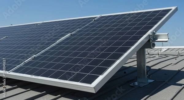 Fototapeta Rooftop Solar Panel Array Angled Towards Sunlight