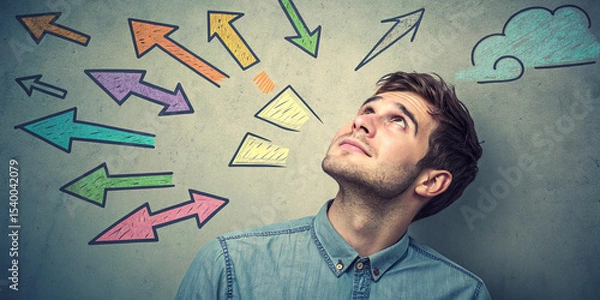 Fototapeta Confused Man Looking Up at Colorful Creative Arrows Representing Life Choices and Directions