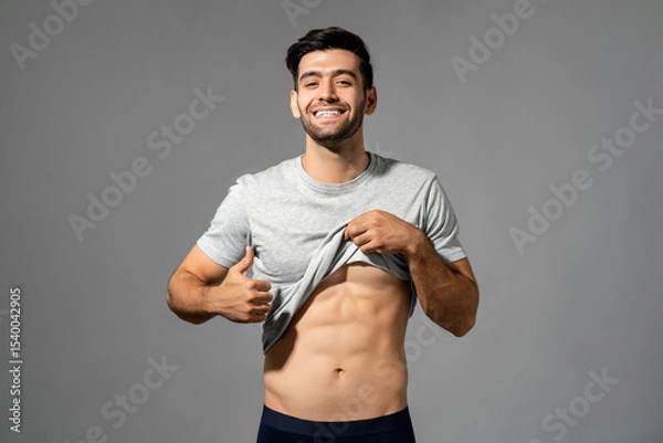Fototapeta Fit healthy handsome man showing abs and smiling with thumbs up against grey background studio shot