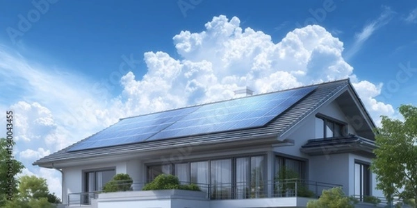 Obraz Residential Rooftop Solar Panels Under Bright Blue Sky with Clouds - Copy Space