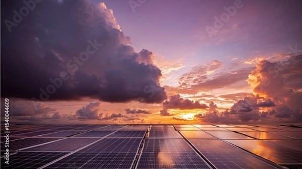 Obraz Expansive Solar Panel Array Reflecting Dramatic Sunset Sky - Renewable Energy Horizon