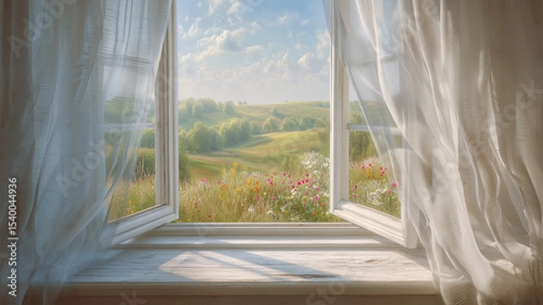 Obraz 陽射し差し込む風光る丘望む白窓