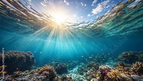 Obraz Sunlight rays underwater with tropical coral reef and clear ocean

