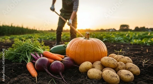 Obraz Autumn harvest of fresh raw carrot, beetroot, pumpkin and potato on soil ground in garden. Farmer with shovel harvesting organic eco bio fall vegetables