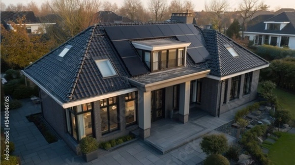 Obraz Elegant Modern Suburban House with Integrated Rooftop Solar Panels