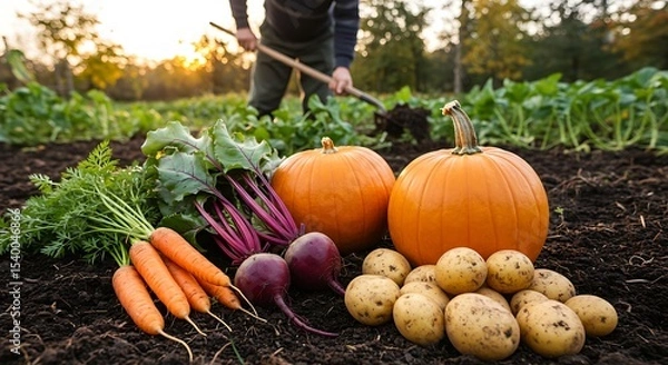 Obraz Autumn harvest of fresh raw carrot, beetroot, pumpkin and potato on soil ground in garden. Farmer with shovel harvesting organic eco bio fall vegetables