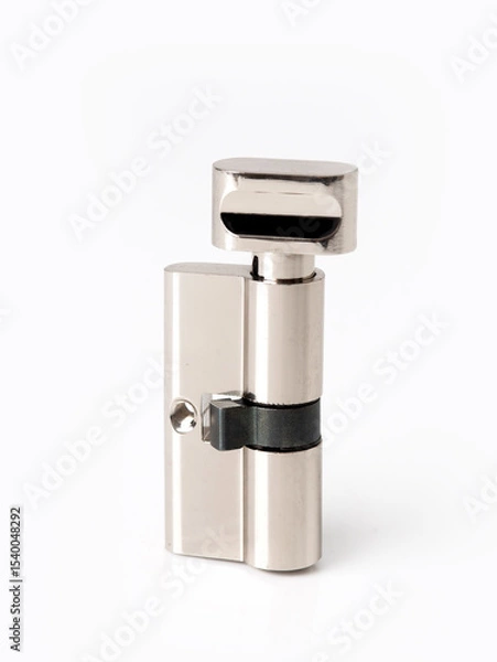 Fototapeta Metal euro cylinder door lock with thumb turn, isolated on white background. Modern security hardware for home or office.