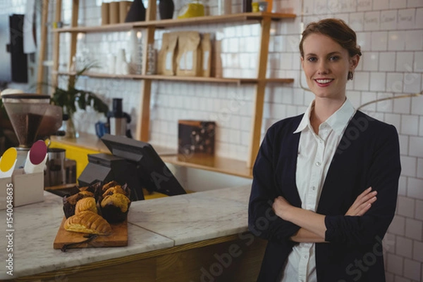 Fototapeta Female staff in blazer organizing pastries on marble counter at cafe using POS terminal, copy space