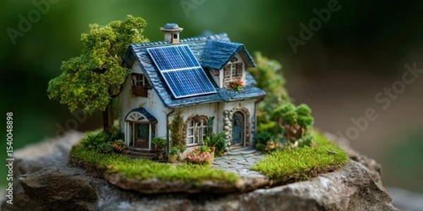 Obraz Illuminated Miniature Eco-Friendly House Model with Rooftop Solar Panels