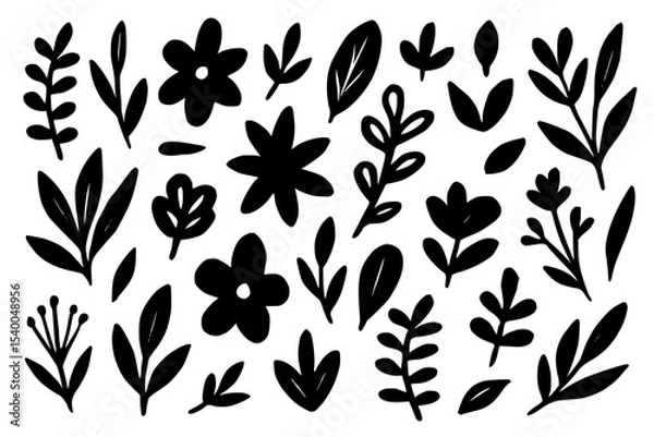 Obraz Abstract hand drawn black botanical leaves and flower elements