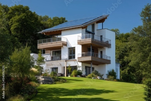 Obraz Multi-Level Modern House with Solar Panels and Balconies in Lush Landscape