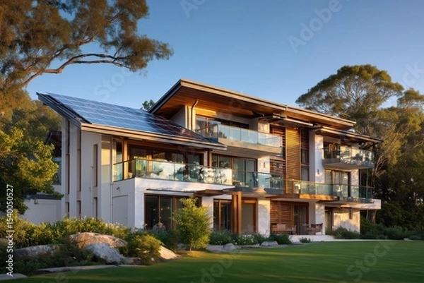 Obraz Impressive Modern House with Extensive Solar Panels and Balconies in Nature Setting