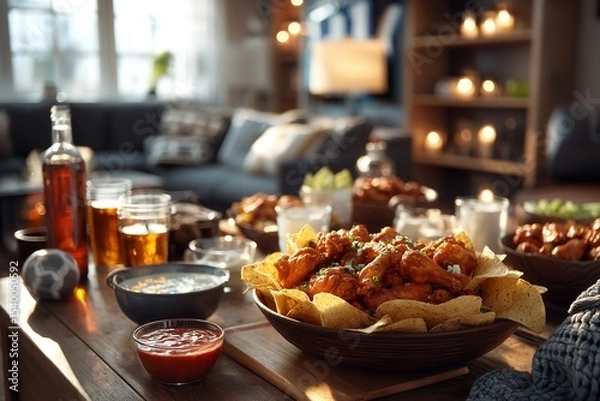 Obraz Delectable super bowl munchies for a game day celebration, accompanied by wings, nachos, and drinks. Generative Ai