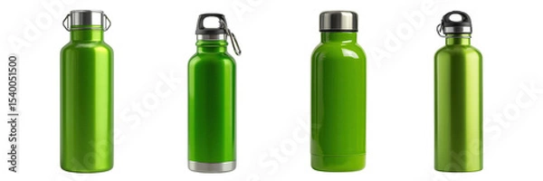 Fototapeta Set of green colour stainless steel bottle isolated on a transparent background