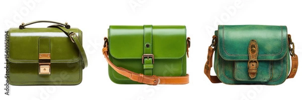 Fototapeta Set of green leather shoulder bag isolated on a transparent background