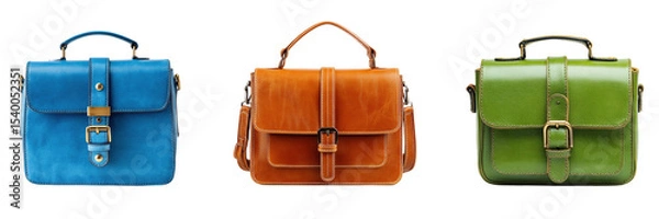 Fototapeta Set of green, brown and blue color leather shoulder bag isolated on a transparent background