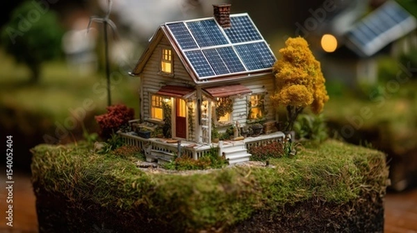 Obraz Miniature Eco-Friendly House Diorama with Solar Panels on Floating Island