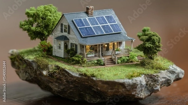 Obraz Miniature Eco-Friendly House Diorama with Solar Panels on Floating Island