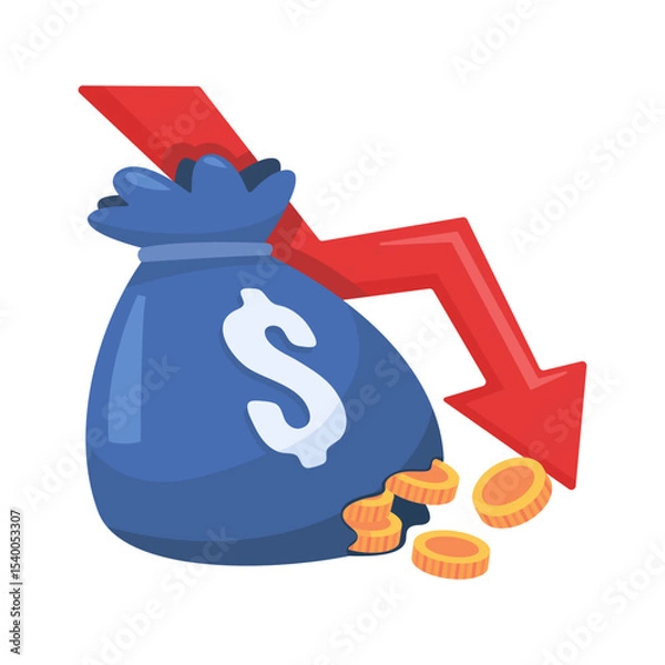Obraz Financial Crisis Concept with Money Bag, Falling Coins, and Downward Arrow Indicating Economic Decline