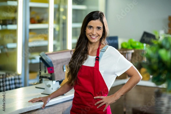 Fototapeta Female store clerk leaning on service counter wearing red apron in grocery shop near digital scale