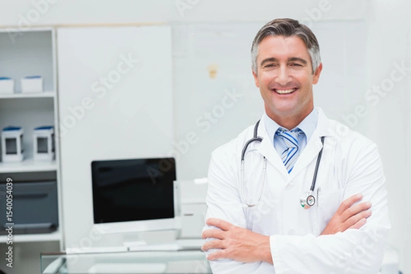 Obraz Male doctor wearing lab coat, stethoscope crossing arms in office with computer monitor, copy space