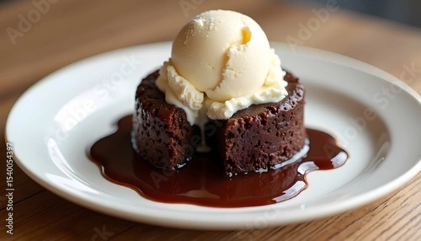 Fototapeta Small round chocolate lava cake with vanilla ice cream on top, drizzled in fudge sauce and melting into the center of its white plate