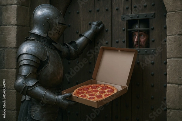 Fototapeta A knight in full medieval armor humorously delivers a pepperoni pizza to a person visible through a barred window in a stone castle wall. Anachronistic concept.